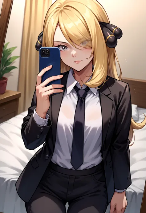 anime girl in a suit taking a selfie with her phone