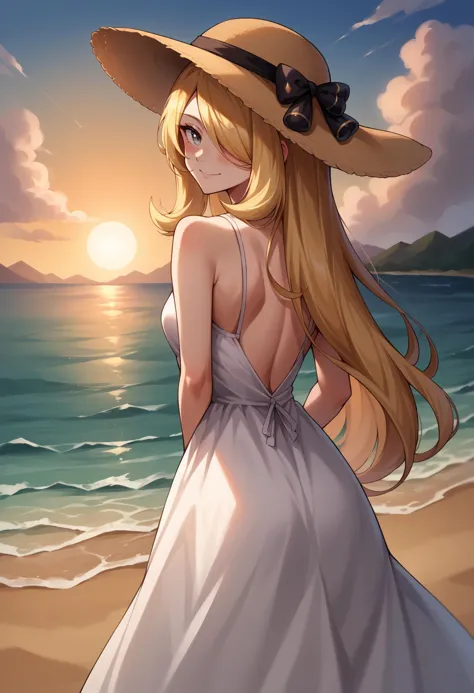 a woman in a dress and hat standing on a beach