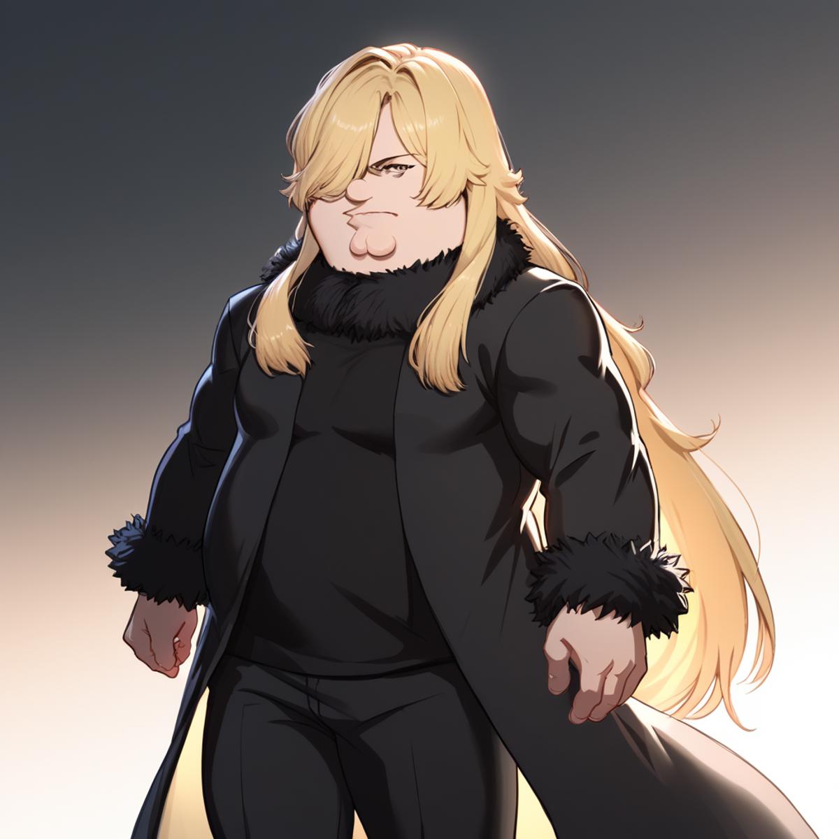 Anime character with long blonde hair and black outfit walking - SeaArt AI