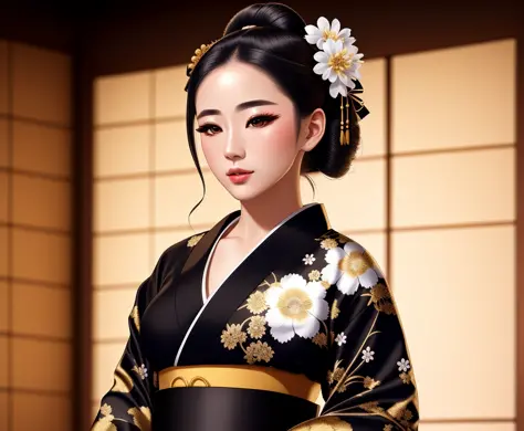 Masterpiece, 4K, beautiful, kimono, black,white flower pattern, black kimono belt with superb golden embroidery,woman wearing the kimono,  geisha hair,Kyoto background, bimbo, glossy, detailed background,  <lora:Kimono:0.65>