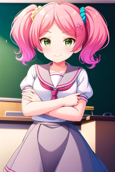 anime girl in school uniform standing in front of a chalkboard