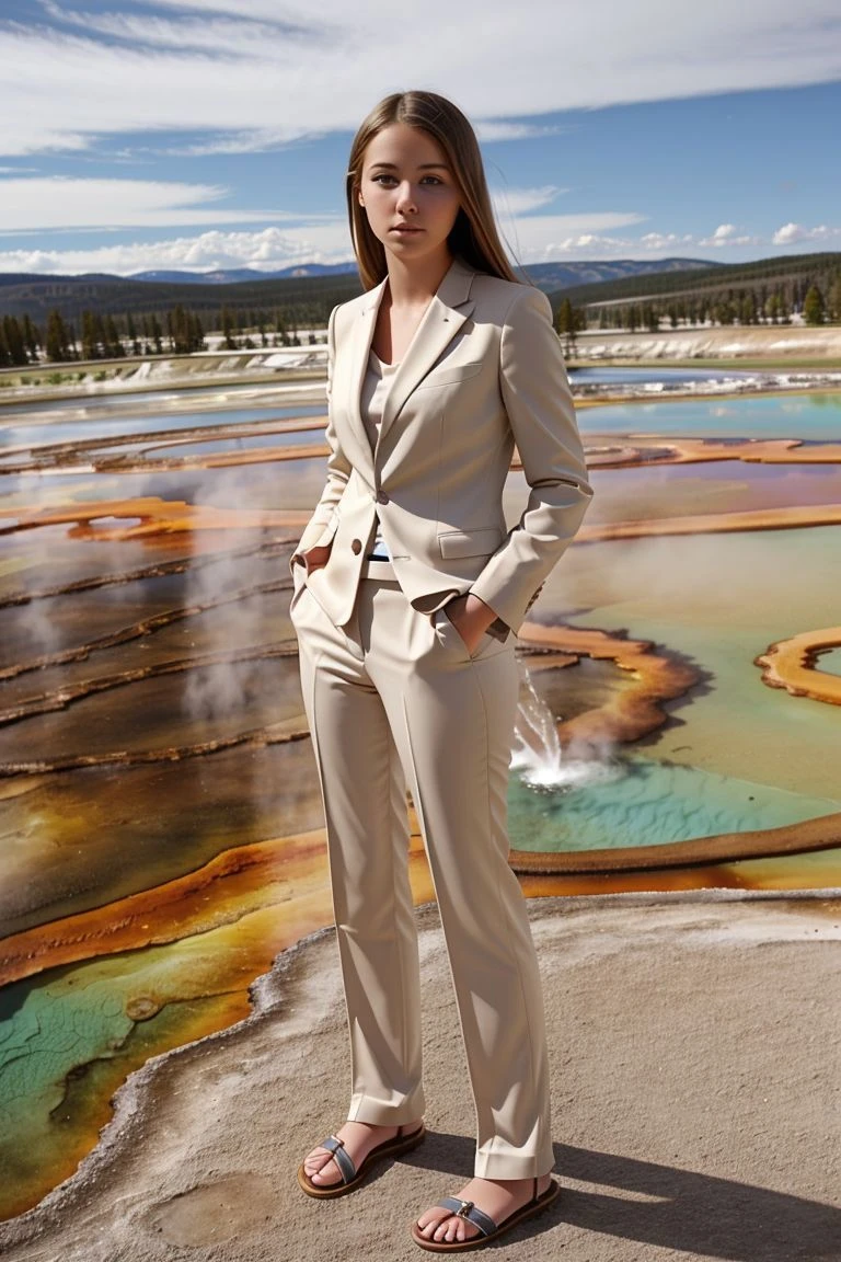 full_body, standing, sandals, (suit), pants, (yellowstone), (emily18: 1.2), perfect face, (contact iris: 1.1), pale skin, skin pores , depth of field