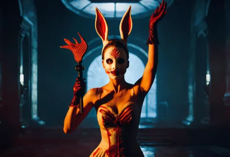 a woman in bunny ears and a red dress is posing