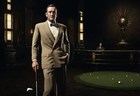 arafed man in a suit and bow tie standing in a room with a golf ball