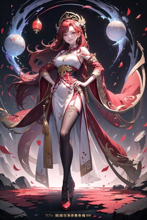 <lora:wrenchmandarincharm:0.7>, wrenchmandarincharm, official art, hanfu, pelvic curtain, pantyhose, thigh strap, red dress, red hair, light smile, long hair, floating hair, hand on hip,