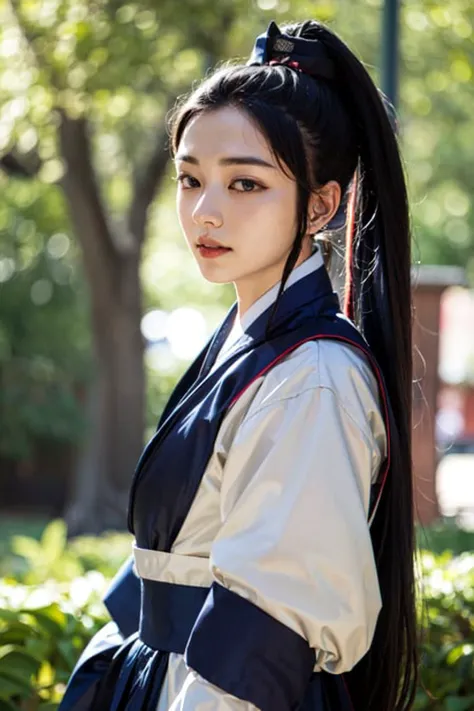 1girl, hat, hanbok, korean clothes, outdoors, <lora:hanbok_musa_v7-000004:0.8>