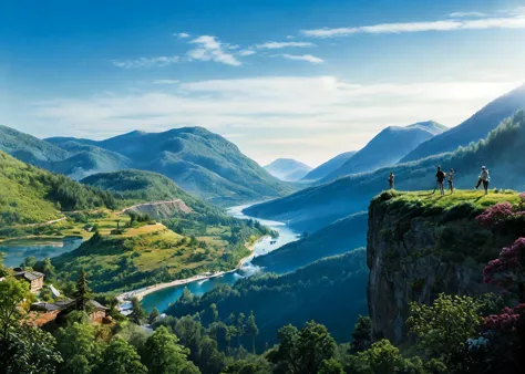 a couple of people standing on top of a cliff next to a river