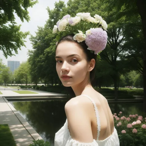 ((melhor qualidade)),((obra de arte)),((realista)),Uma garota sexy com muitas flores na cabeça,Ao fundo, um parque moderno com paisagens,Close da parte superior do corpo,Vestido branco, 