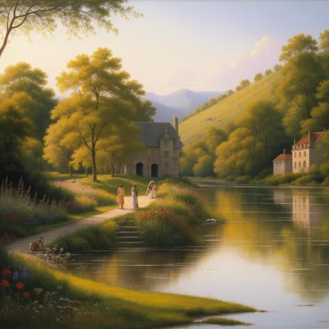 ((Best quality)), ((masterpiece)), ((realistic)) landscape painting of an ancient castle nestled in a lush valley, surrounded by...