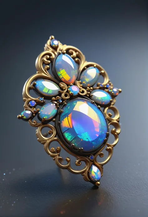 Fairy tale object,  single earring made from blackopal, ornate, gilded <lora:Style_BlackOpal:0.8> macro lens, unique, exquisite, shimmering glistening sparkling, 3d render, unreal engine . Magical, fantastical, enchanting, storybook style, highly detailed