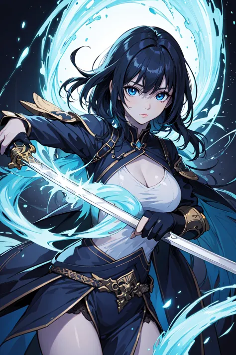 ((masterpiece, best quality)),a girl holding a sword, in the style of dark azure and light azure, mixes realistic and fantastica...