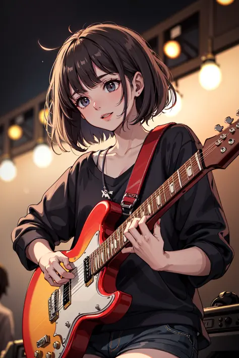 1girl, bobcut, electric guitar, solo focus, (depth of field, ambient lighting, blurry foreground, blurry background:1.3), atmosp...