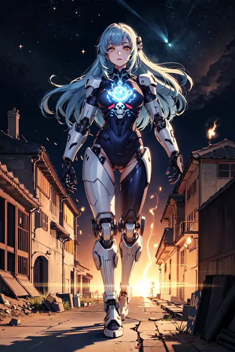 1girl, cyborg, mechanical arms, mechanical legs, upper body, (cybernetic:1.4), battlefield scenery, (skulls, broken houses), war...
