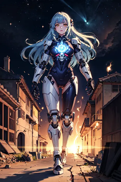 1girl, cyborg, mechanical arms, mechanical legs, upper body, (cybernetic:1.4), battlefield scenery, (skulls, broken houses), war scenery, (blue flames:1.3), blue hair, yellow eyes, (absurdly long hair:1.4), glowing armor, solo focus, magical aura, [depth of field, ambient lighting, blurry foreground, blurry background], ornate armor, massive structures, atmospheric, smokes, (barren fields), (cliff:1.2), (magic circle), heavenly light, godrays, light flares, intricate details, enhanced lighting, starry sky, comets, vast lands, (full body:1.3), (night:1.2), walking