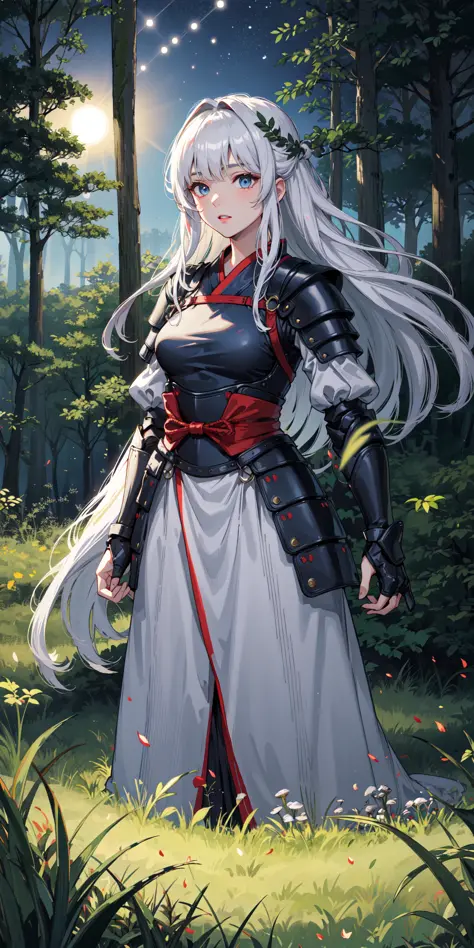 1girl, full body, armor, medieval armor,, meteor shower, grass, leaves, light streak, light particles, solar eclipse, white hair...