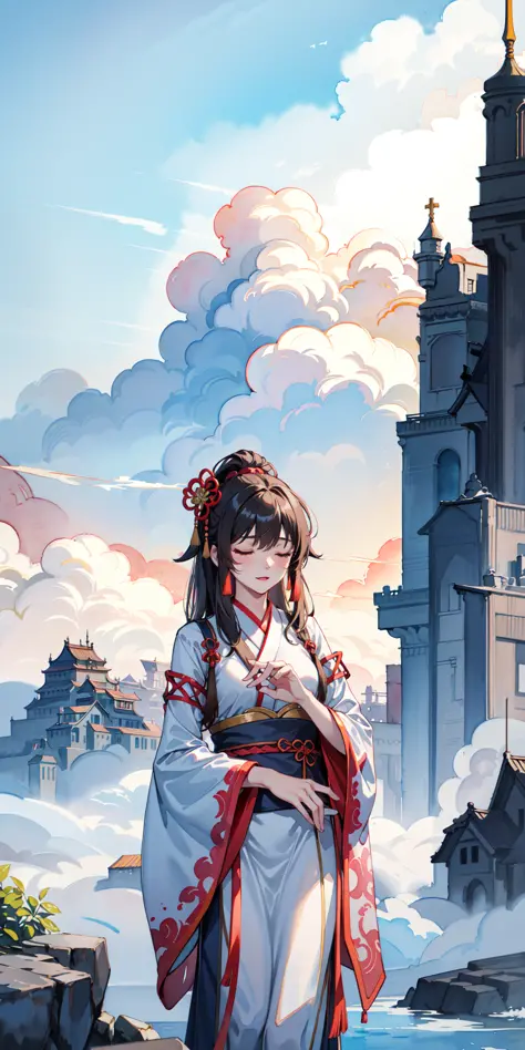 1girl, hanfu, divine scenery, closed eyes, chinese clouds, mount taixuan, (watercolor:1.2) <lora:GoodHands-vanilla:1>