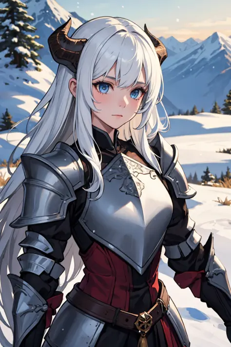 1girl, white hair, long hair, dragon horns, armor, intricate details, shoulder pads, closed mouth, mountain, snow, snowflakes