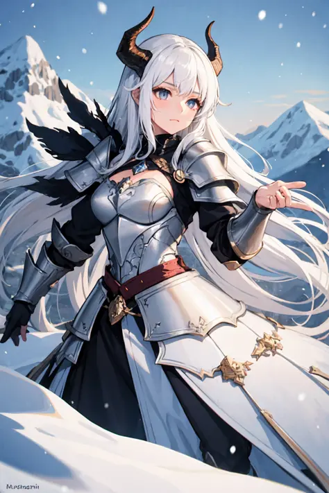 1fille, cheveux blancs, cheveux longs, cornes de dragon, armure, détails complexes, épaulettes, bouche fermée, montagne, neige, neigeflakes