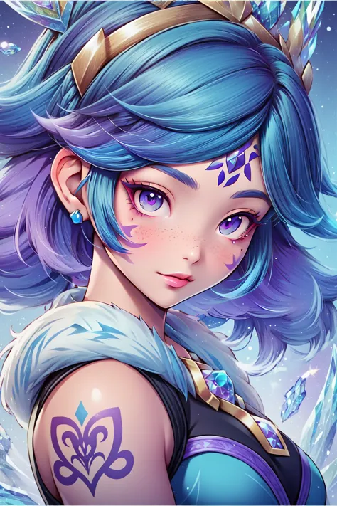 a girl with blue hair and a crown on her head