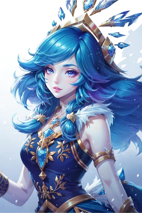 a woman with blue hair and a crown on her head