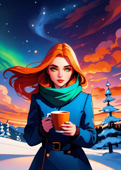 abstract painting, Descendant of P.I.F.1girl, winter, snowy, (night:1.2), under the aurora, starry sky,1 girl, cloud, sky, dusk, orange sky, beautiful sunset(best quality:1.2), focus face, (solo:1.3),(1girl:1.3),cafe, holding coffee cup