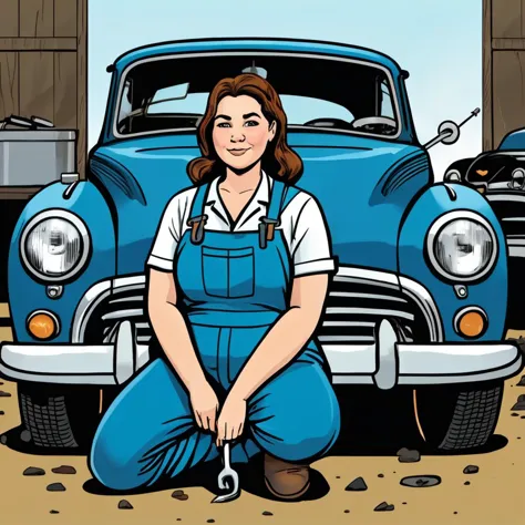 a cartoon of a woman sitting on the ground next to a car