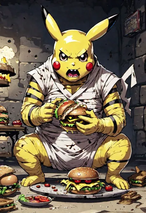 mummy style, pikachu eating a hamburger