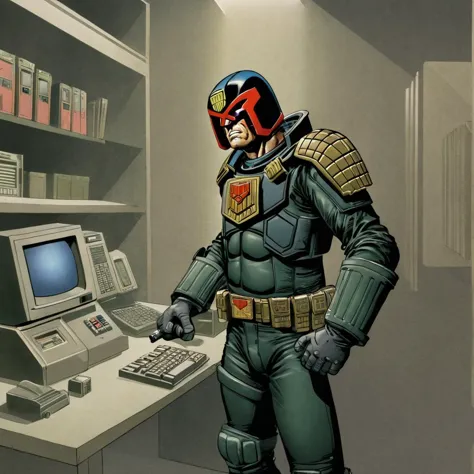 arafed image of a man in a space suit standing in front of a computer