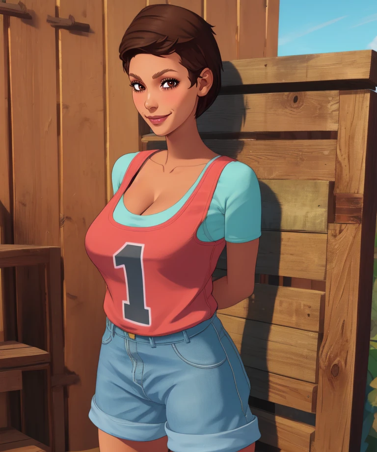 maya,brown hair,brown eyes,very short hair,
shirt with number 1,cleavage,blush,shorts,
standing,smile,arms behind back,
sea,wood wall,
(insanely detailed, beautiful detailed face,beautiful detailed eyes, masterpiece, best quality),