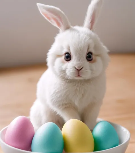 cinematic film still Beautiful little bunny with dreamy eyes, volumetric light, hyper realistic, intricate detail, illustration, painting, watercolor, kawaii chibi, eating easter egg, Aww!, Shallow depth of field, pastel color palette, Soft Lighting, Minim...