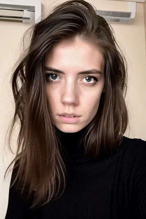 arafed woman with long brown hair and black turtleneck sweater