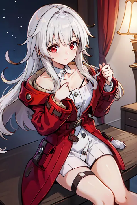 clara \(honkai: star rail\), red eyes, red coat, white dress, detached collar, thigh strap, masterpiece, best quality, detailed ...