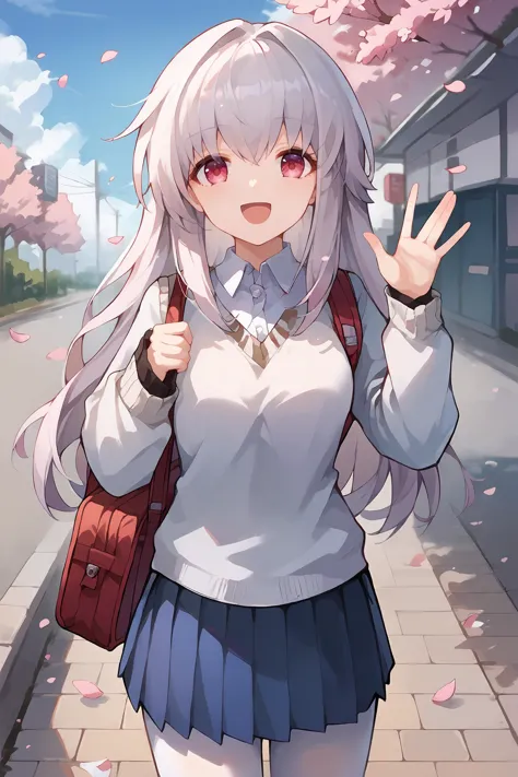 1girl, clara \(honkai: star rail\), solo, school uniform, white shirt, sweater, pleated skirt, white pantyhose, light smile, waving, looking at viewer, smile, open mouth, outdoors, street, cherry blossoms, petals, depth of field <lora:Char-HonkaiSR-Clara-Pony-V1:0.8>  score_9, score_8_up, score_7_up,    <lora:merrytail_pony_v1:0.5> <lora:mikozin__Blue_archive_style:0.5>