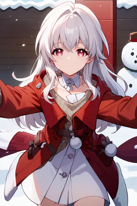 1girl, clara \(honkai: star rail\), solo, cowboy shot, looking at viewer, red coat, white dress, detached collar, sweater, snow, outdoors, snowman, light smile <lora:Char-HonkaiSR-Clara-Pony-V1:0.8>  score_9, score_8_up, score_7_up,   <lora:anime_screencap:1>, anime screencap