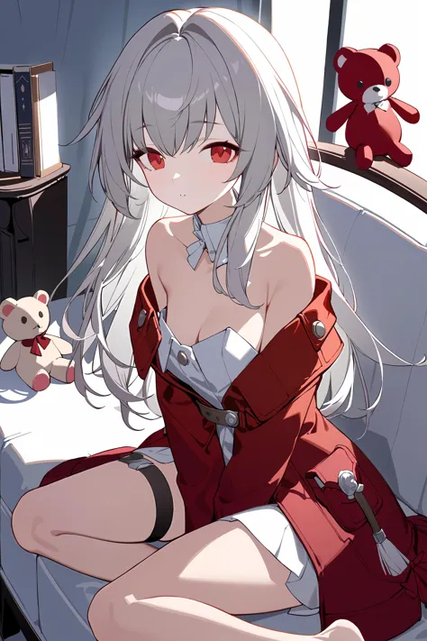 masterpiece, best quality, perfect features, intricate details, ray tracing, very aesthetic, (hitenkei, askzy:0.5), 1girl, clara \(honkai: star rail\), solo, red coat, white dress, detached collar, sweater,  thigh strap, barefoot, upper body, on couch, sitting, stuffed toy, looking at viewer, parted lips, depth of field  <lora:Char-HonkaiSR-Clara-XL-V1:0.9>