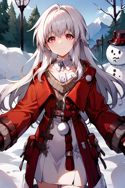 1girl, clara \(honkai: star rail\), solo, cowboy shot, looking at viewer, red coat, white dress, detached collar, sweater, snow,...