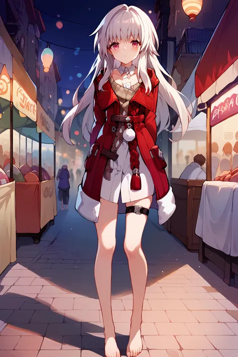 1girl, clara \(honkai: star rail\), solo, red coat, white dress, detached collar, sweater,  barefoot, thigh strap, barefoot, ful...