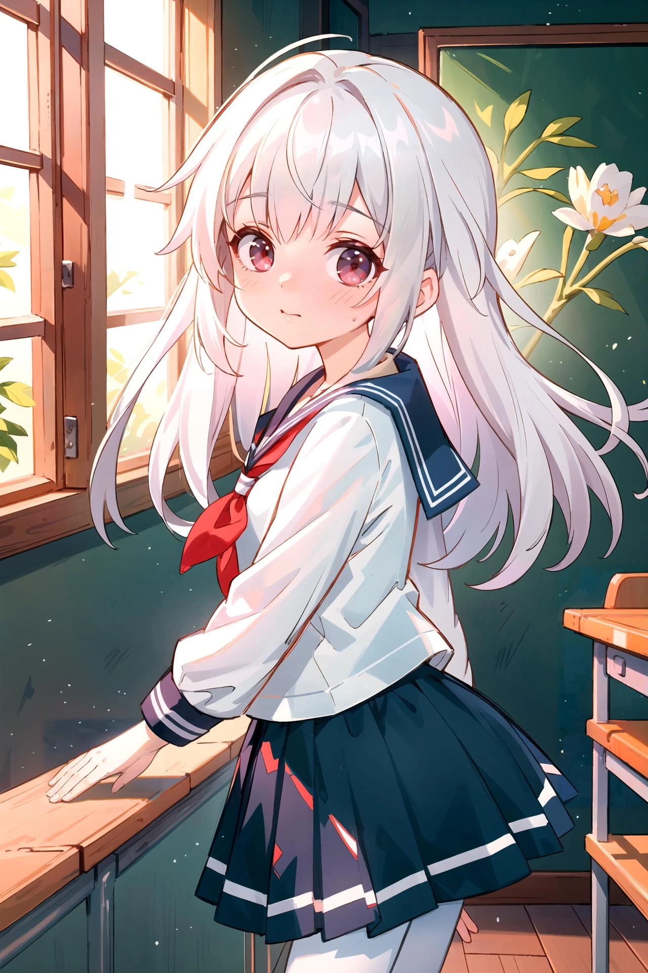 (extremely detailed CG unity 8k wallpaper,masterpiece, best quality, ultra-detailed, beautiful detailed eyes:1.2), 1girl, clara \(honkai: star rail\), solo, cowboy shot, looking at viewer, light smile, serafuku, sailor collar, pleated skirt, white pantyhose, classroom, window, backlighting