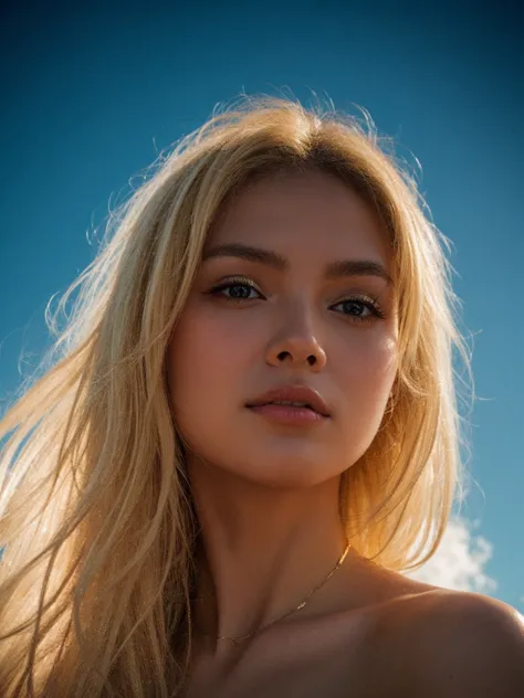 a woman with long blonde hair and a blue sky background