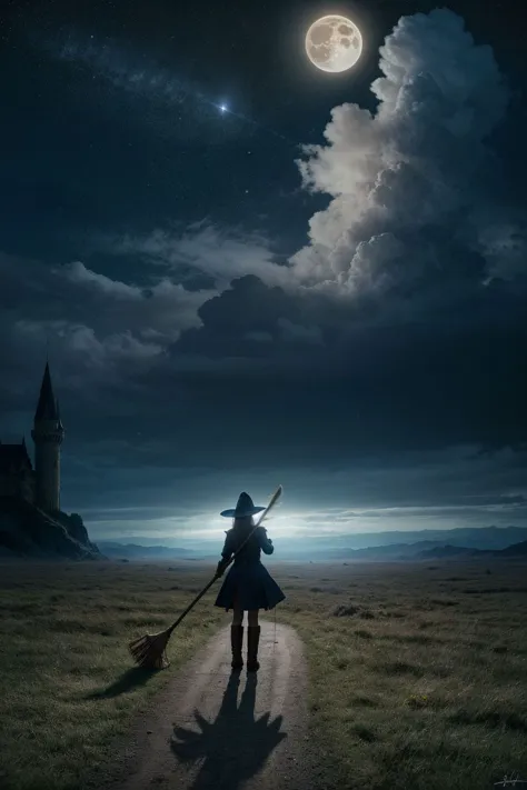 a woman in a witch costume holding a broom and a broomstick walking down a path under a full moon