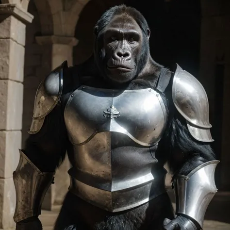 a close up of a gorilla in armor standing in front of a building