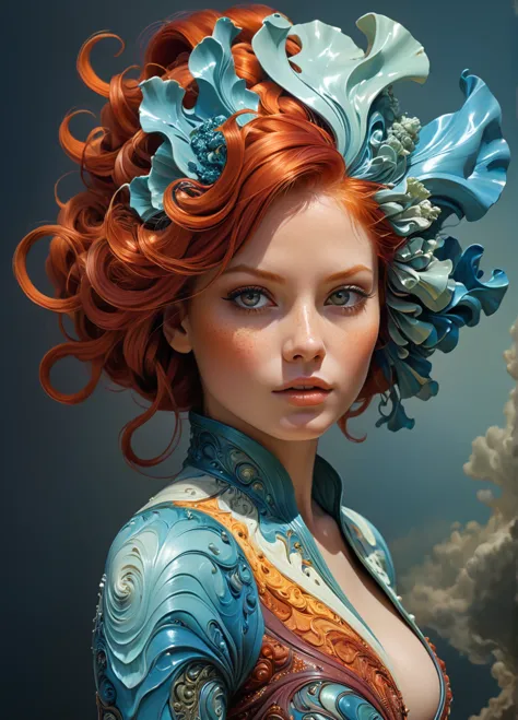 a close up of a woman with a red hair and blue dress