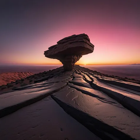 a close up of a rock formation with a sunset in the background