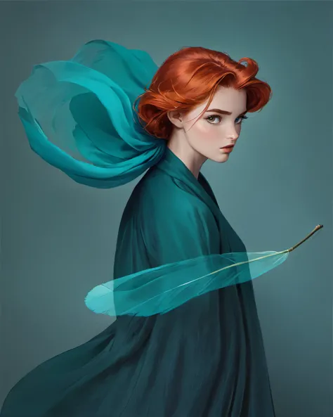 a woman with red hair and a blue cape holding a leaf