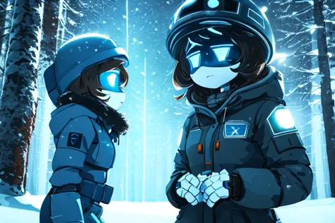 Best quality, glitchproductions, robot, workerdrone, looking at viewer, Wavy Mouth, Messy Brown Hair, Blue Eyes, Snowy Forest, Winter Coat, Snow Boots, murderdrone, night, MoonLight Rays, female