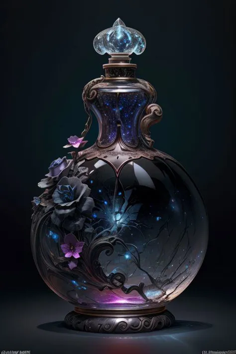 ultra realistic 8k, masterpiece, dark, two luscious heliotrope roses, black background, yellow cracks, (dark black leaves and stem), (blue nebula swirls, cracks), vortex, (((ruby heart in a perfume bottle, 1/3 rule, one third rule)))