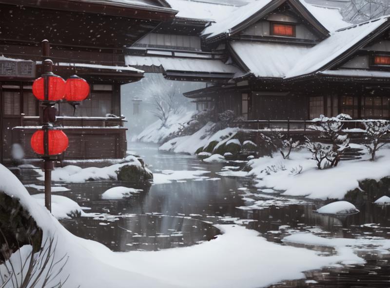 Snowy scene of a japanese garden with a stream and a waterfall - SeaArt AI