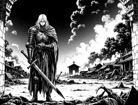 black-and-white manga style, draw a knight standing at the entrance of a village, conveying a deep sense of despair. The knight should be depicted in battered armor, gripping his sword tightly at his side, with the blade showing signs of battle. His expression must reflect sorrow and regret, as if he feels the weight of his failure to protect the village.
In the background, illustrate the village engulfed in flames, with dark smoke billowing into the sky. The ground should be scattered with bodies, emphasizing the devastation of the scene. Capture the stark contrast between the knightâs solemn presence and the chaotic destruction around him. The overall composition should evoke a somber atmosphere, highlighting the knight's turmoil as he stands alone, facing the aftermath of the attack. <lora:Omaro_style-000001:1.0>  <lora:NeonFantasyFLUX:0.4> <lora:RetroAnimeFluxV1:0.6> ne0nfant4sy