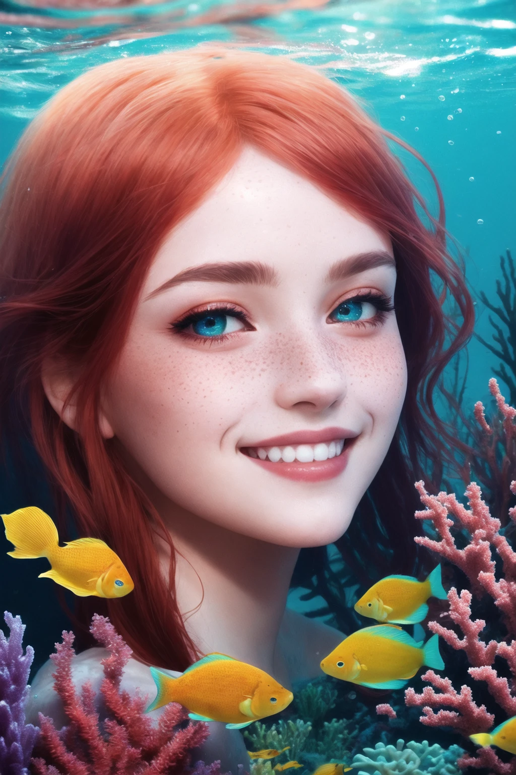Underwater portrait, coral reef style Mermaid, flowing red hair