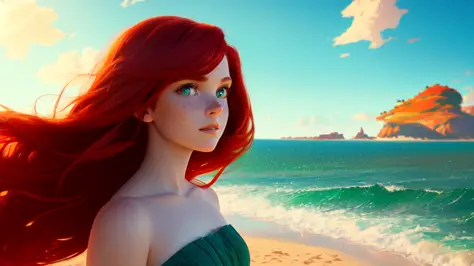 1girl, single, solo, red hair, (freckles:0.8), green eyes, beach, detailed waves, sunny day, best quality, masterpiece, trending on ArtStation, intricate, Sharp focus, bloom, dramatic, dynamic lighting, dynamic colors, hdr, 4k, 8k, cinematic, (modern pixar...